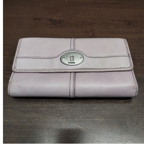 Vintage Fossil Marlow Light Purple Genuine Leather Tri-Fold Flip Clutch Wallet - Picture 1 of 9